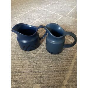 Pfaltzgraff 2 Small Pitcher Creamer  Blue Stoneware Striped Bottom / Wide Mouth